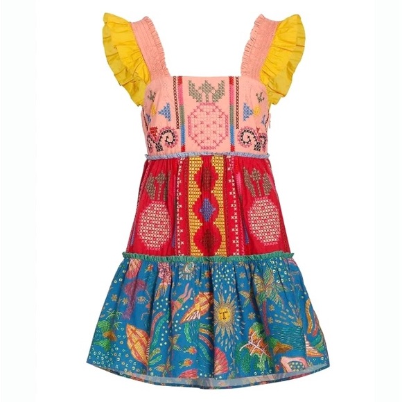 FARM Rio Color Blocking Pineapple Embroidered Tiered Mini Dress Red Size M - Picture 5 of 15